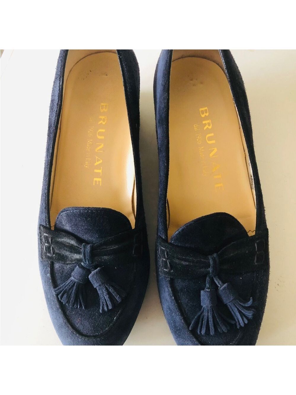 Brunate Italian Handmade Navy Suede Tassel Wedge Loafers Premium Italian